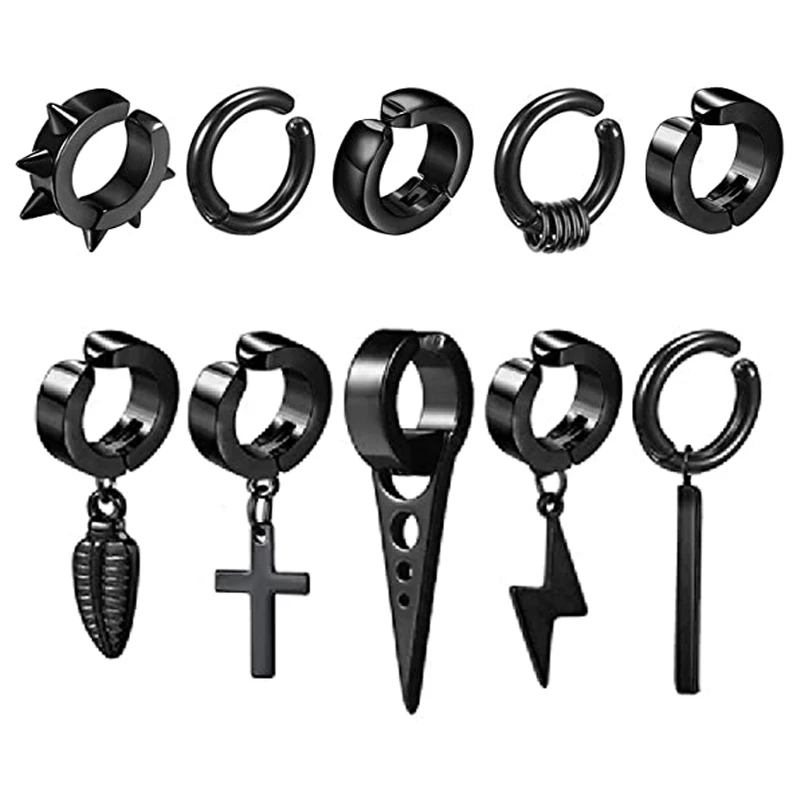 1/10 Pcs/1 Set Clip-on Hoop Earrings Men's Stainless Steel Fake Perforated Pendant Earrings Cross Feather Ear Clips