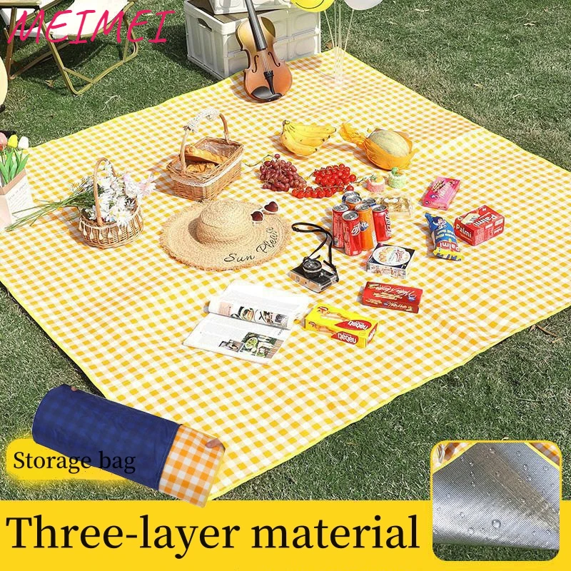 

Outdoor Picnic Mat Yellow Grid Thickened Pearl Cotton Waterproof Moisture-proof Rugs Heat Insulation Aluminum Foil Camping Mats
