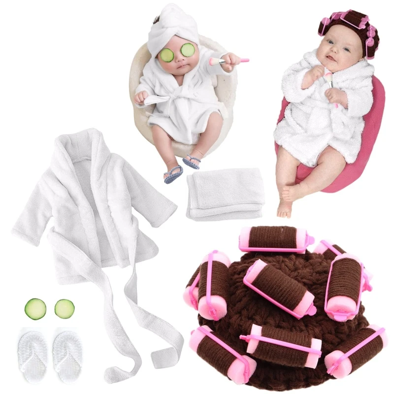 

5PCS Bathrobes Bath With Belt Towel Outfit with Cucumber Photo Props for Infant Boys Girls Newborn Baby Photo Shoot Accessories