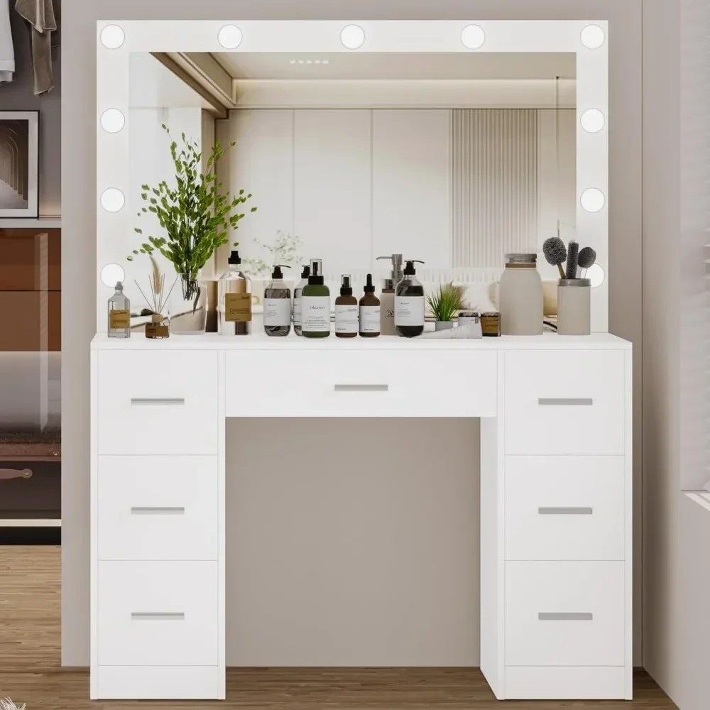 Makeup table with illuminated mirror, 3 color lighting modes, adjustable brightness, drawers, white, free shipping 3