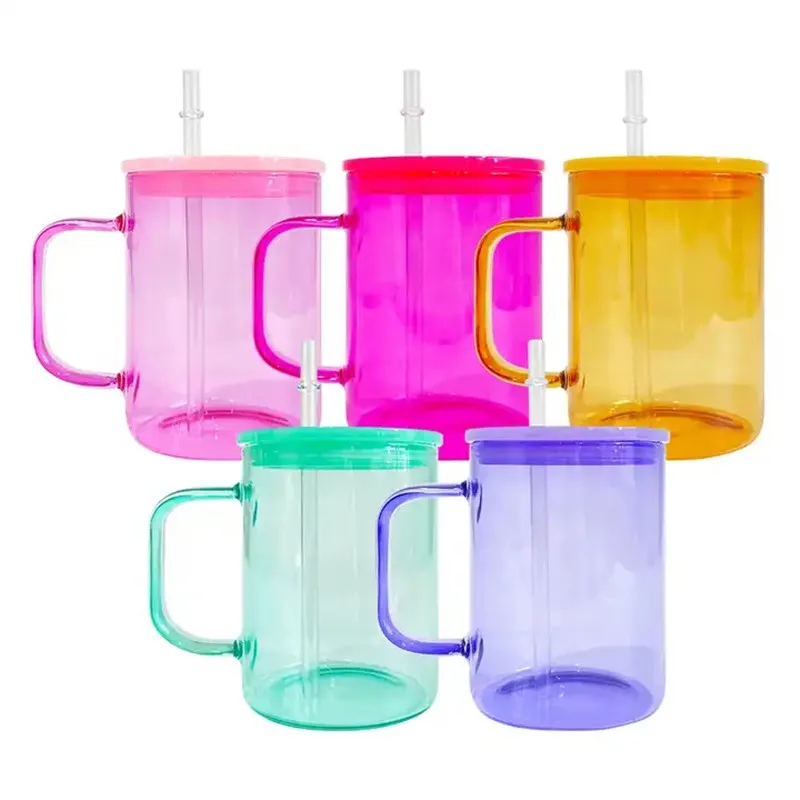 50pcs Colored Transparent 17oz Sublimation Glass Cups Camper Tumbler Juice  Jar Beer Can Beverage Coffee Mugs With Plastic Lids