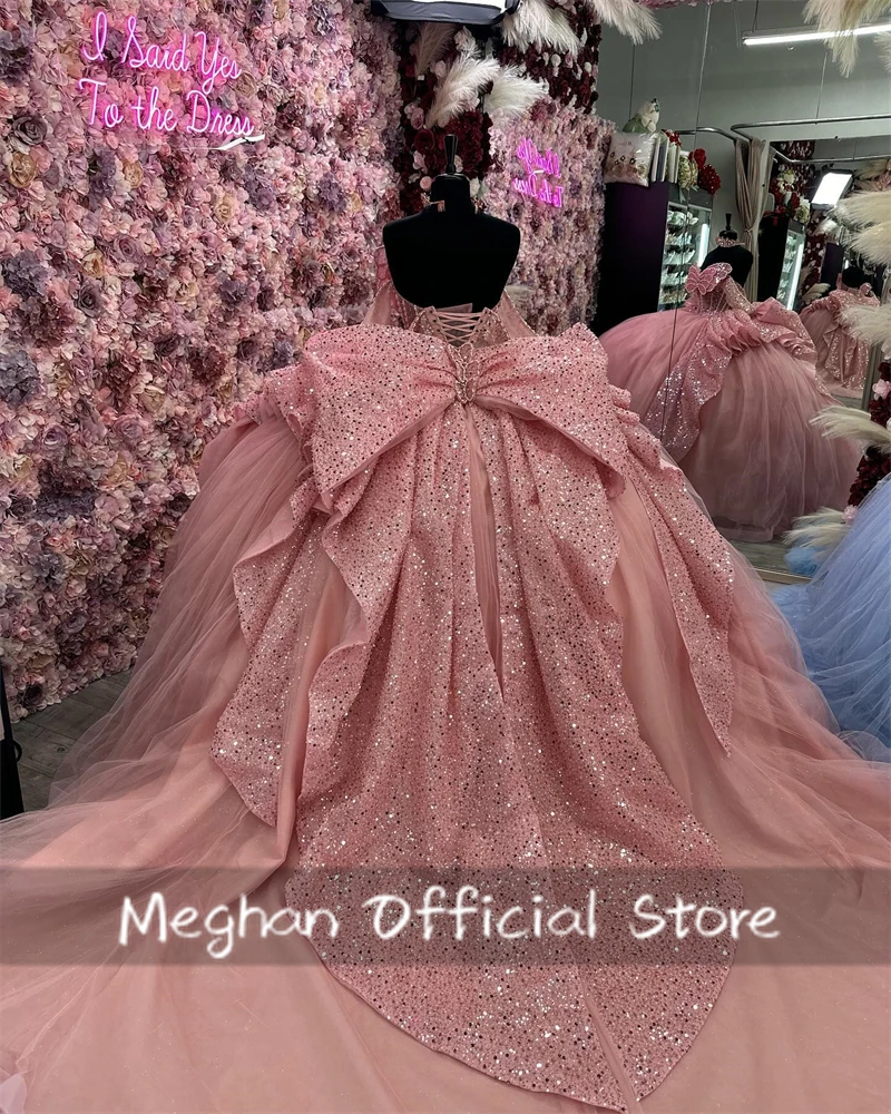 Mexico Pink Sweetheart Beaded Quinceanera Dresses Ball Gown Bow Tiered Dress Butterfly Lace Up Back robes de soir&eacute;e Customized