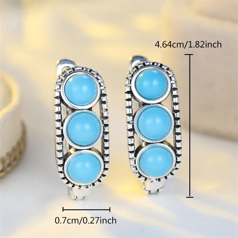 Simulated Turquoise Blue Round Stone Hoop Earrings For Women Vintage Gold Silver Color Ear Buckle Wedding Jewelry Valentine Gift