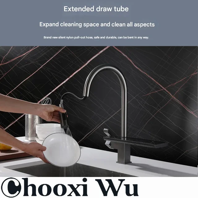 ก๊อกน้ำห้องครัวทองเหลืองสีเทาหรูหรา พร้อมหน้าจอดิจิตอล ดีไซน์แบบดึงออกได้ หัวน้ำแบบน้ำตก ควบคุมน้ำร้อน-น้ำเย็นแบบมือจับเดี่ยว 4