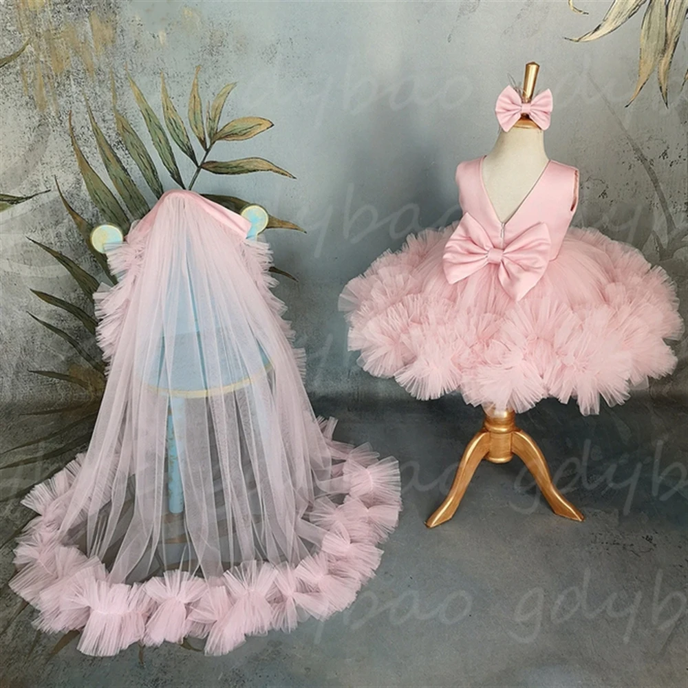Light Pink Fluffy Flower Girl Dress Tulle Skirt Beaded Sparkly Wedding Elegant Flower Baby Dress First Communion Party Dress