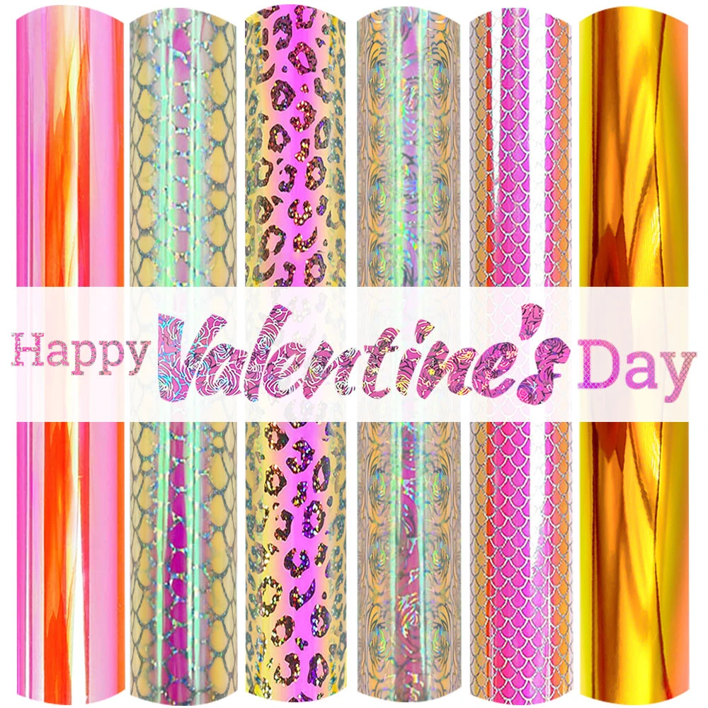 6 Sheets Holographic Iridescent Permanent Vinyl Valentine's Day Adhesive Vinyl 12"x10" for Cup Craft Signs Home Decor for cut