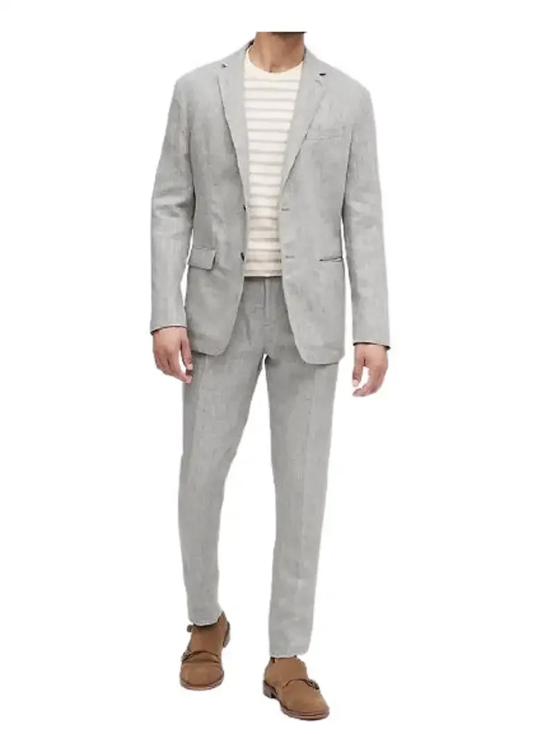 Summer Linen Light Gray 2 Piece Men Suits Tuxedo For Beach Wedding Party Jacket For Men High Quality Skinny Casual Costume Homme