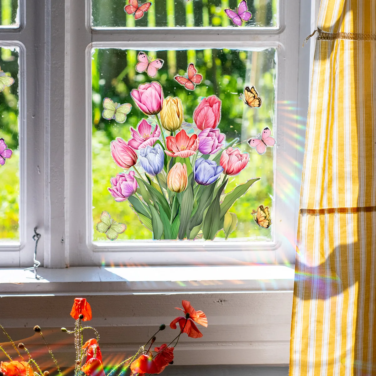 Colorful Tulip Butterfly Electrostatic Window Sticker Double Sided Visible Self-Adhesive Home Decor