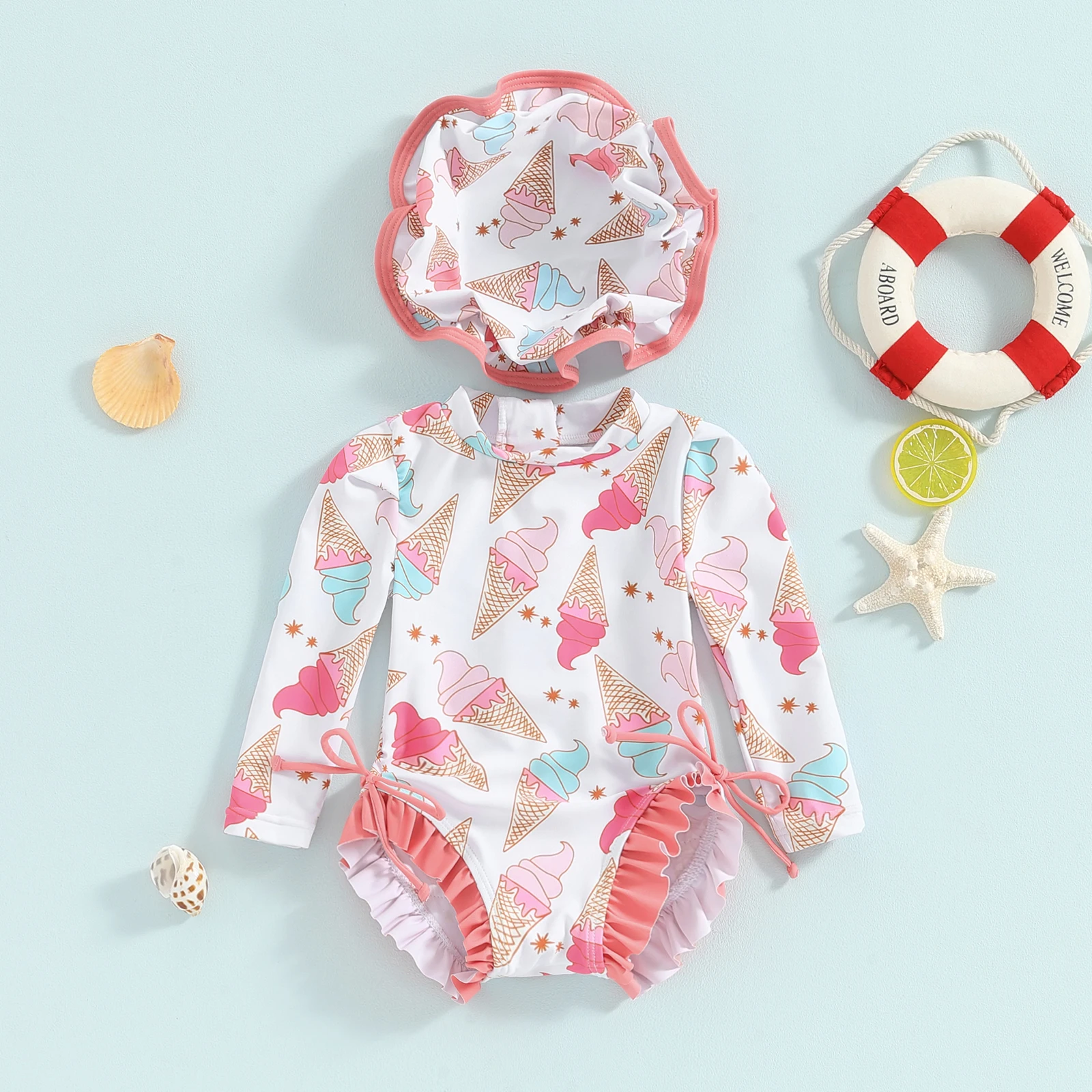 Cute Sweet Style Baby Girls Rash Guard Swimsuit Beach Wear Long Sleeve Floral Print Bathing Suit For Infant Swimwear with Hats 1