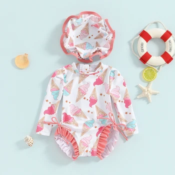 Costume da bagno Rash Guard per neonate in stile dolce carino costume da bagno con stampa floreale a maniche lunghe per costumi da bagno per neonati con cappelli 1