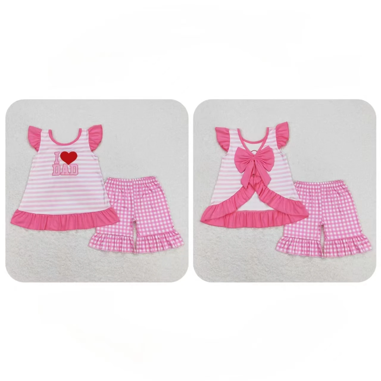 

Wholesale Summer Kids I Love Dad Set Children Short Sleeves Embroidery Stripes Open Back Tops Outfit Toddler Pink Plaid Shorts