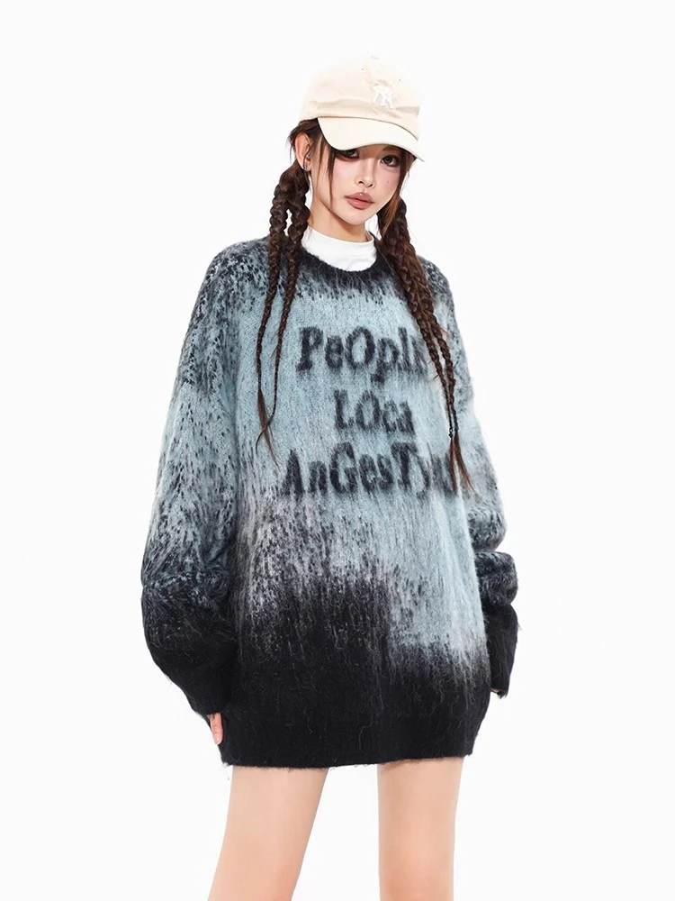 

Women's Letter Printed Gradient Color Design Knitted Sweater Spring Autumn Chic Fashion Female Warm Long Sleeve Loose Jumpers