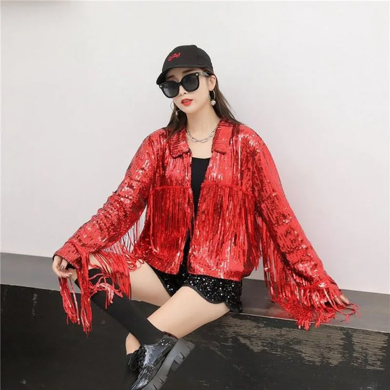 

Trendy Reflective Cardigan Short Type Versatile Sparkling Trench Coat 2024 Spring Summer New Sequins Tassel Bar Jacket Outerwear