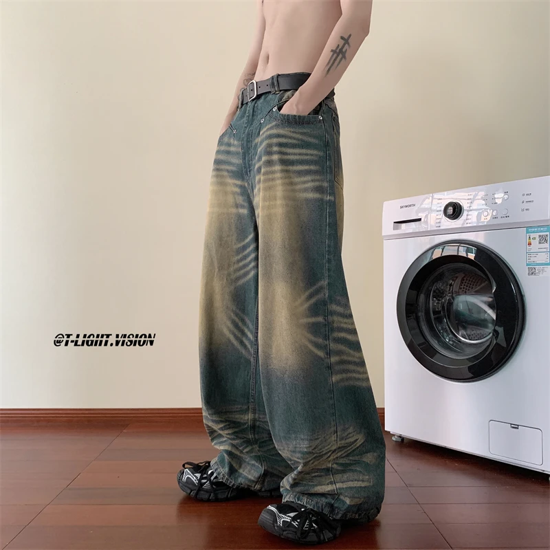 Fashion Blue Tie-dye Wide-leg Jeans Men Distressed Baggy Straight Denim Pants Men High Street Jean Pants Mopping Trousers 5
