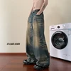 Fashion Blue Tie-dye Wide-leg Jeans Men Distressed Baggy Straight Denim Pants Men High Street Jean Pants Mopping Trousers 5