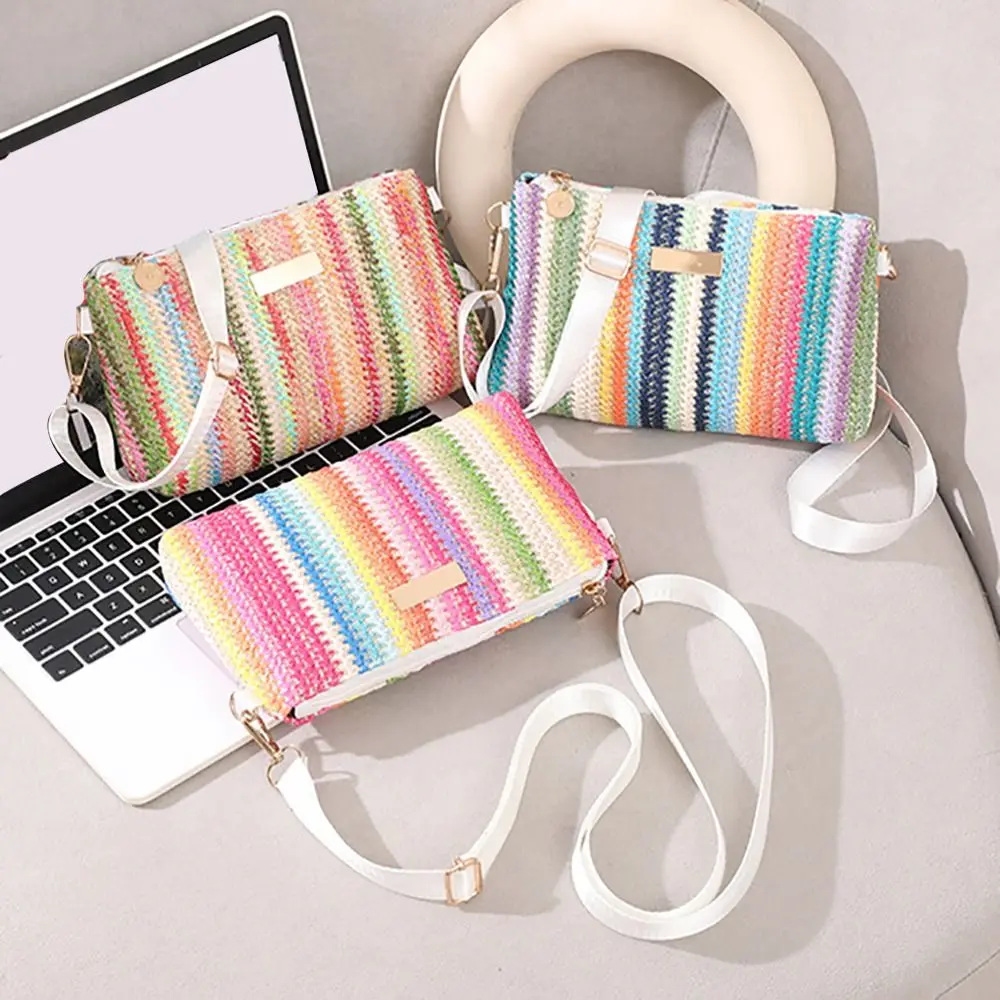 Fashion Colorful Rainbow Woven Bag Travel Organizer Adjustable Strap Girls Shoulder Bag Portable Messenger Bag Daily