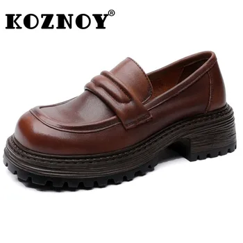 Koznoy 에스닉 플랫폼 웨지 슬립 온 가을 신발, 여성용 천연 가죽, 라운드 용수철, 얕은 메리 제인, 럭셔리 여름 신발, 5cm