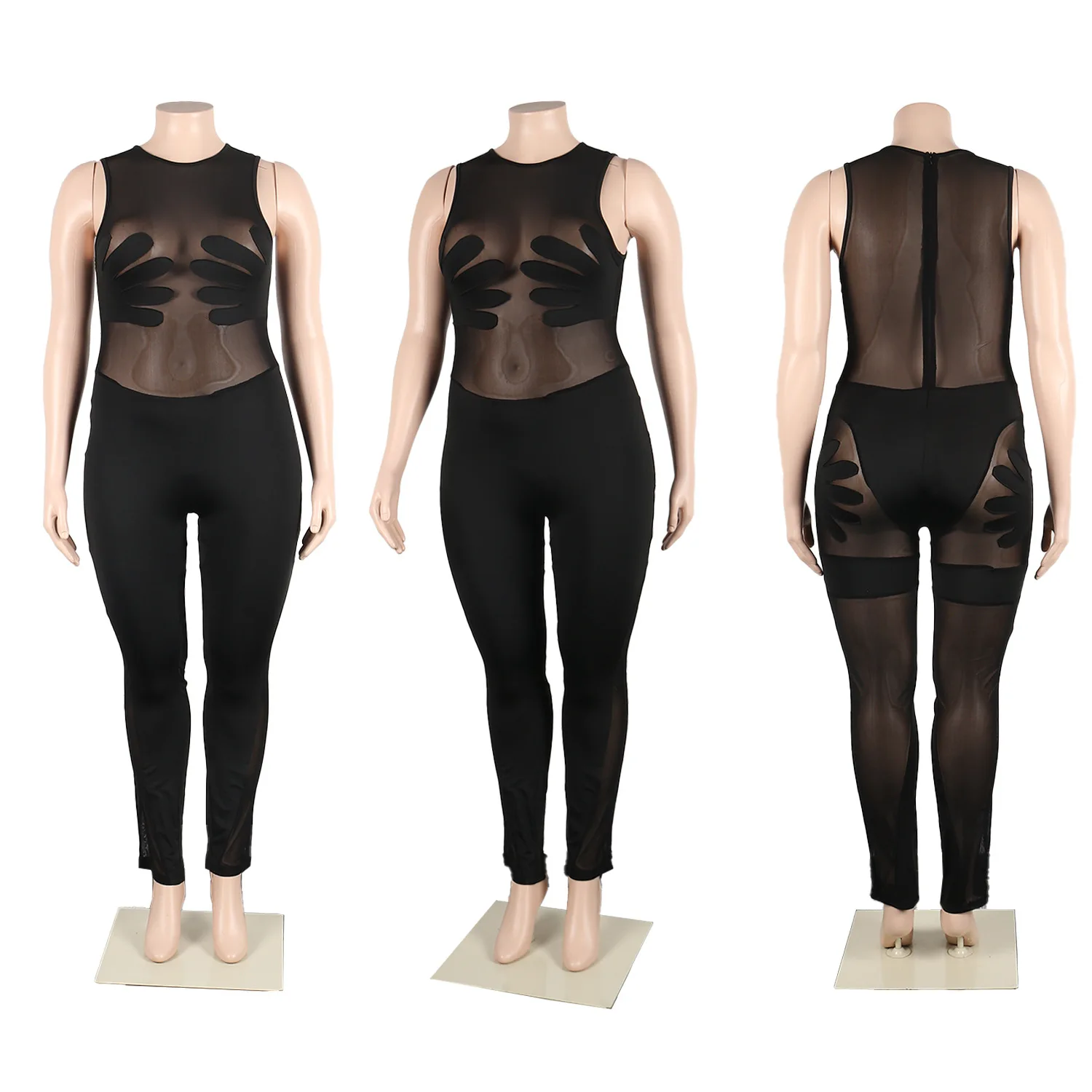 Plus Size Mesh Jumpsuit See Through Sleeveless One Piece Outfit Women Sexy Pencil Pants 2023 Summer Female Fashion Jumpsuits
