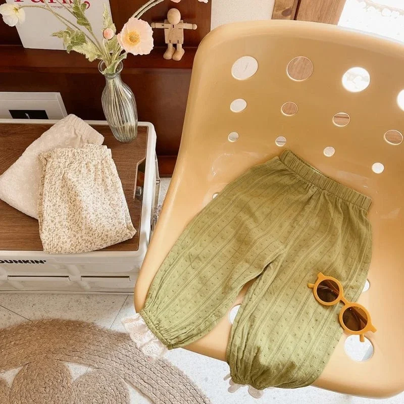 한국 꽃 녹색 순면 레이스 통기성 모기 퇴치 바지,  여아 느슨한 바지, 용수철 여름, 1-5 세