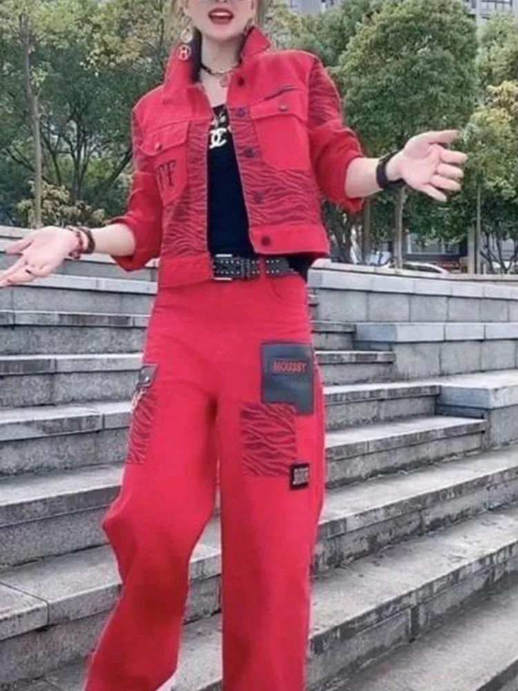 

Модный Европейский стиль весна 2024 Модный повседневный модный Индивидуальный женский джинсовый комплект из двух предметов с широкими штанинами и леопардовым принтом