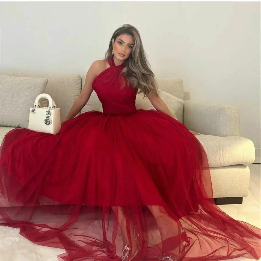 

Elegant Long Halter Red Evening Dresses A-Line LongTulle Pleated Floor Length فساتين السهرة Prom Gowns for Women