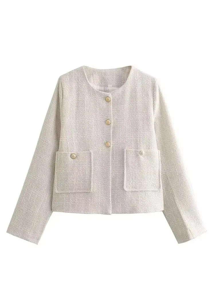 HH Women Solid Textured Cropped Coat Single Breasted O Neck Single Breasted Jacket With Pockets Casual Office Lady Outerwear