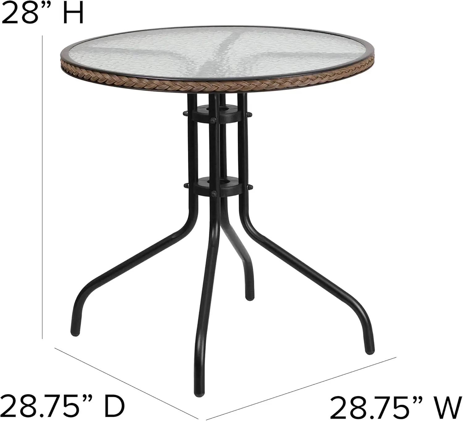 Lila 28'' Round Glass Metal Table with Dark Brown Rattan Edging and 4 Dark Brown Rattan Stack Chairs