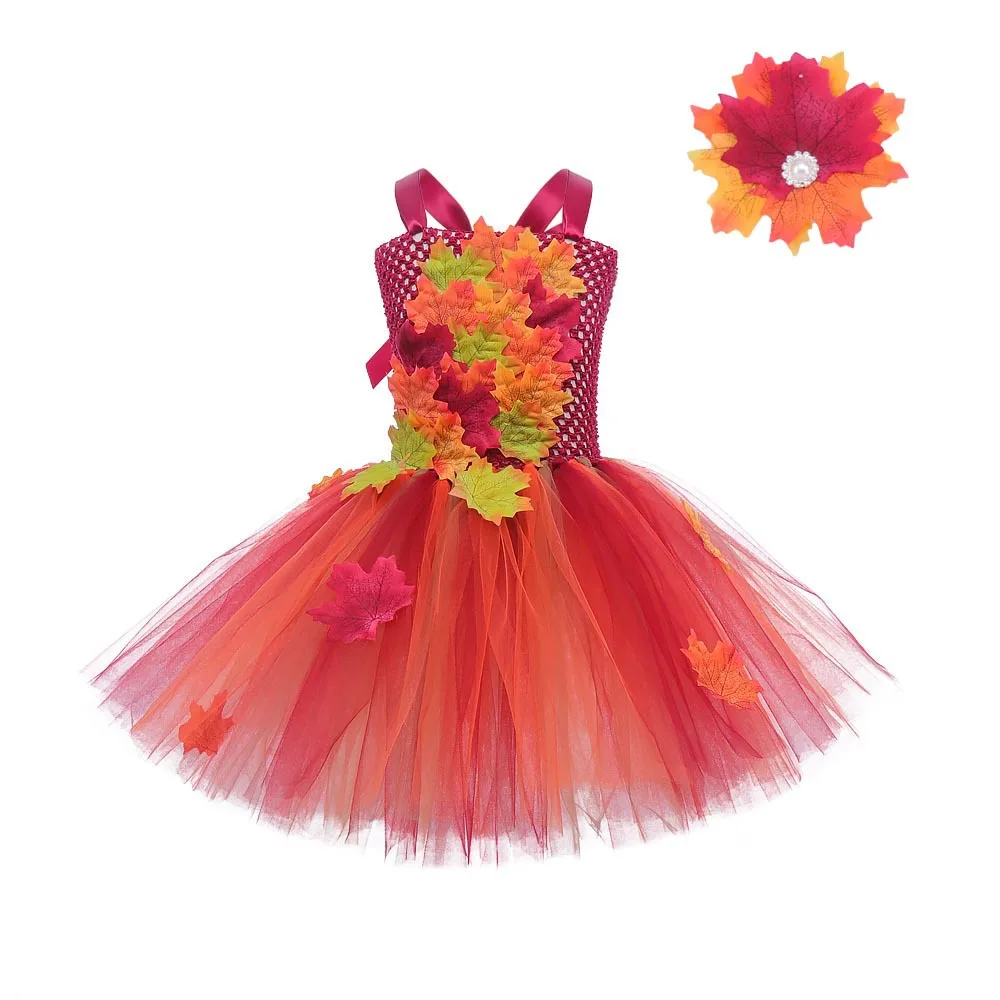 Toddler Girls Thanksgiving Day Dance Tutu Dress Cute Autumn Maple Leaves Tulle Princess Dress for Party