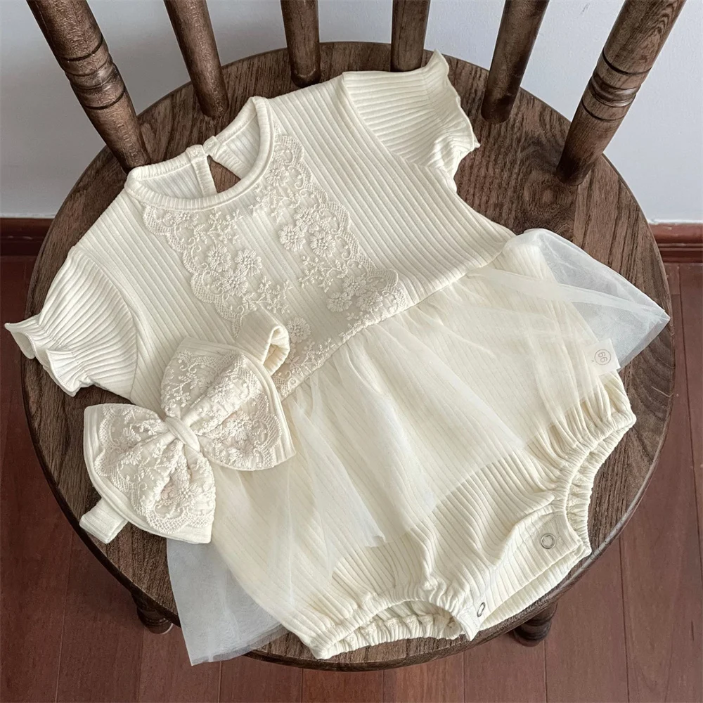 

Sweet Baby Girls Clothes Set Princess Lace Tulle Romper Dress with Bow Headband Infant 1 St Birthday Bodysuit 0-24M Baby Costume