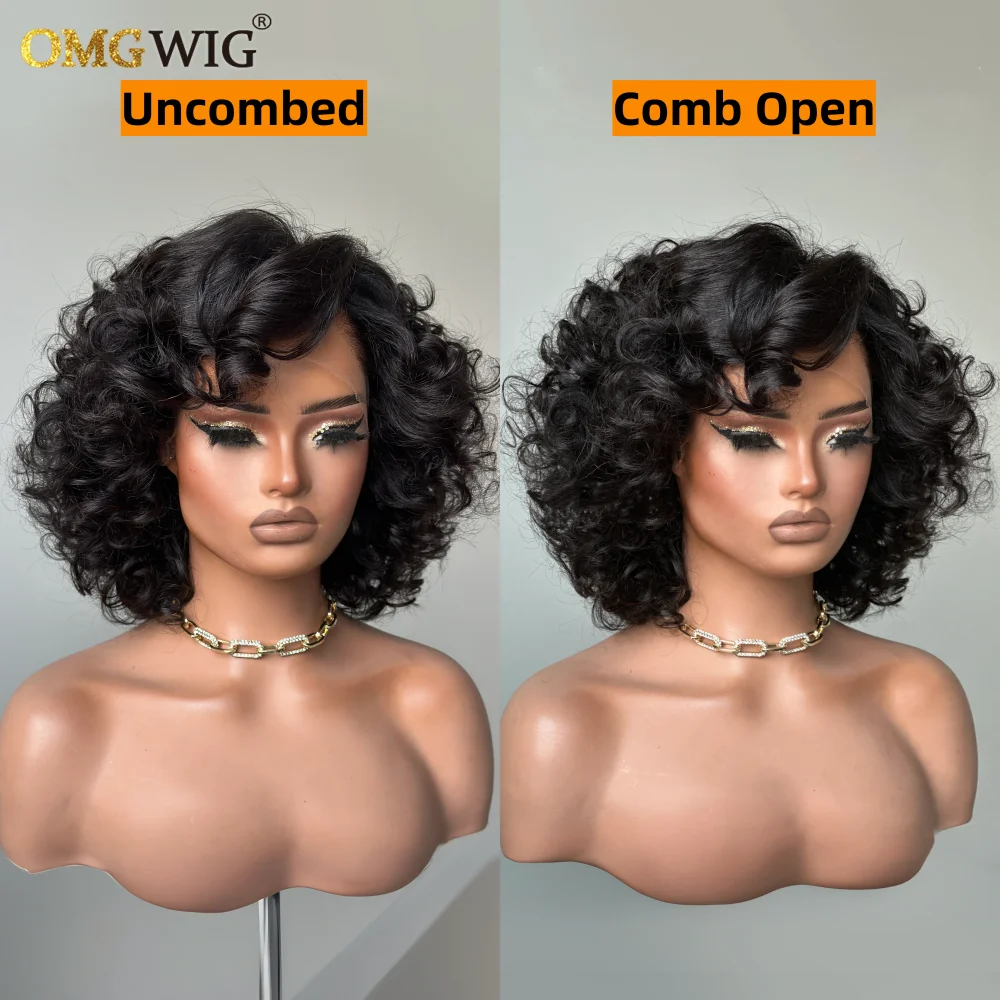 360 Lace Wear & Go Fluffy Rose Curly Wig For Black Women 5x7 Glueless Lace Side Part Short Bob Curly Human Hair Wig Brazilian