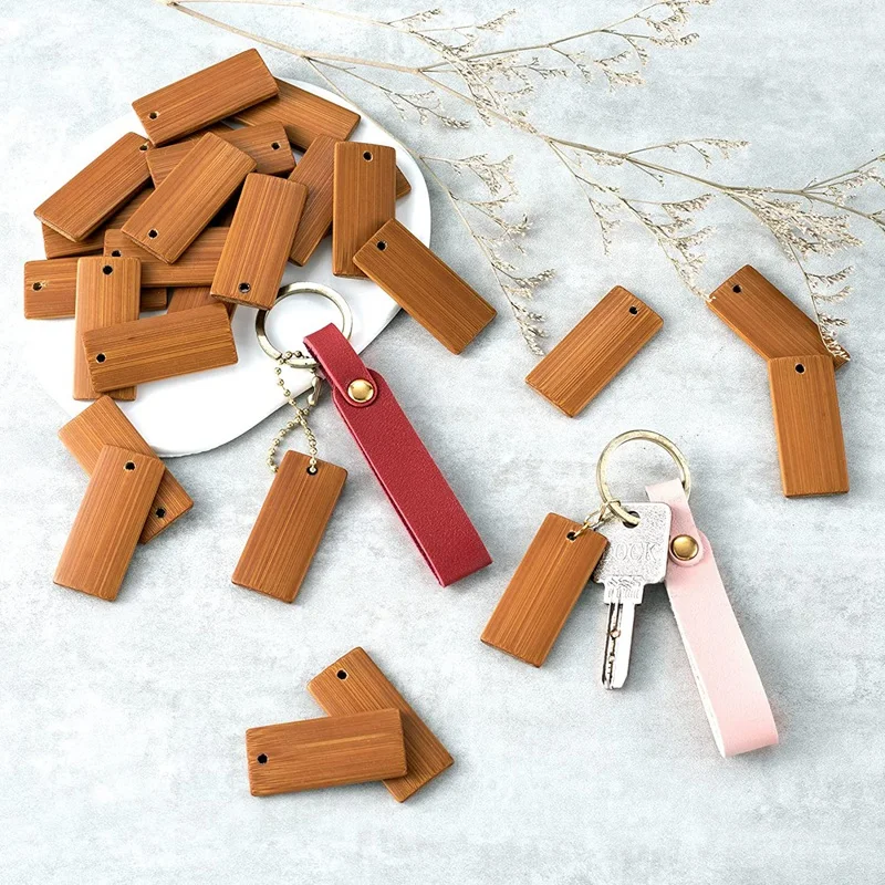 100Pcs 45X20mm 직사각형 태그 키 체인 반지에 대 한 대나무 태그, 대나무 미완성 된 나무 키 링 태그