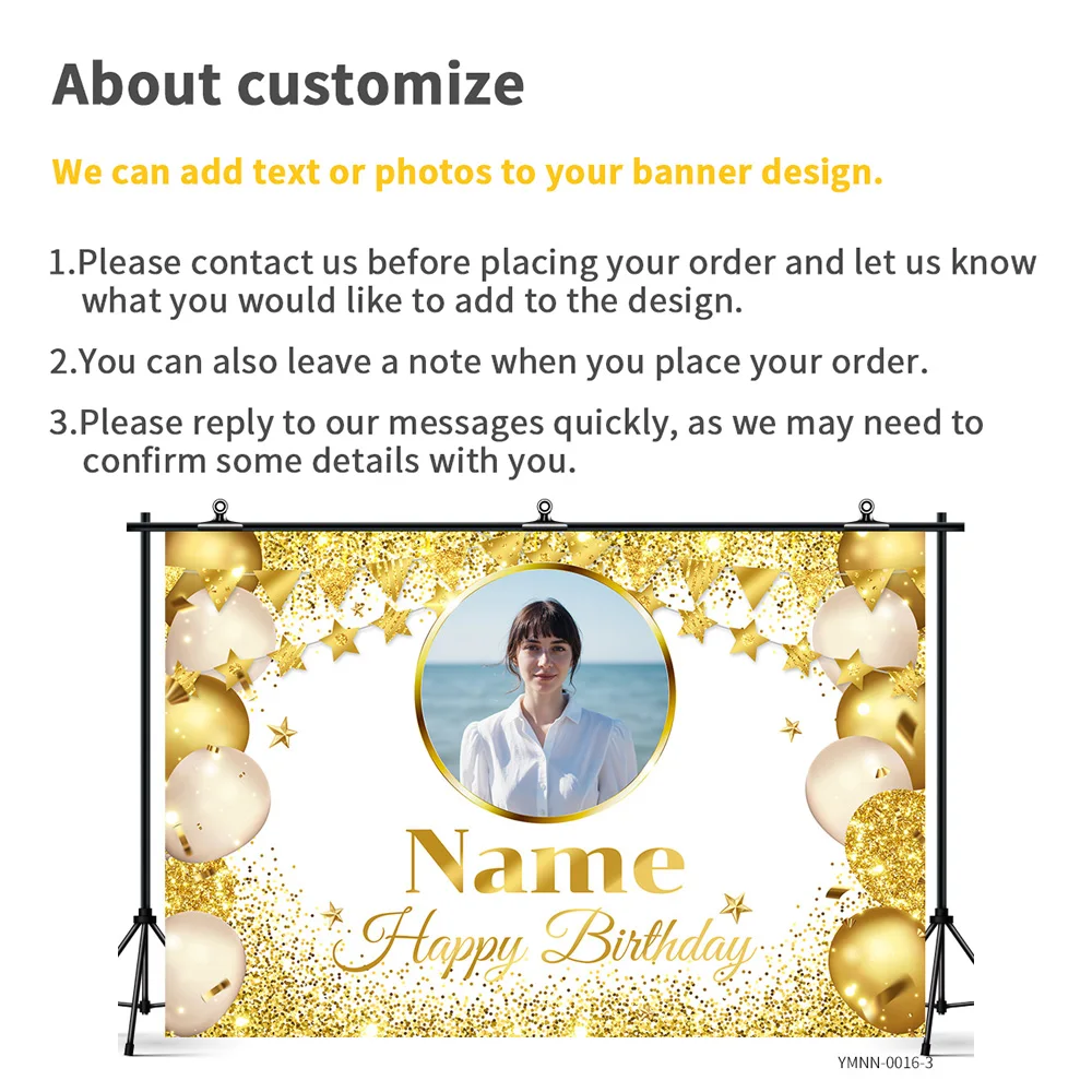 Custom Photo Name Birthday Backdrop Personalized Banner with Glitter Lights for Party Wall Decoration