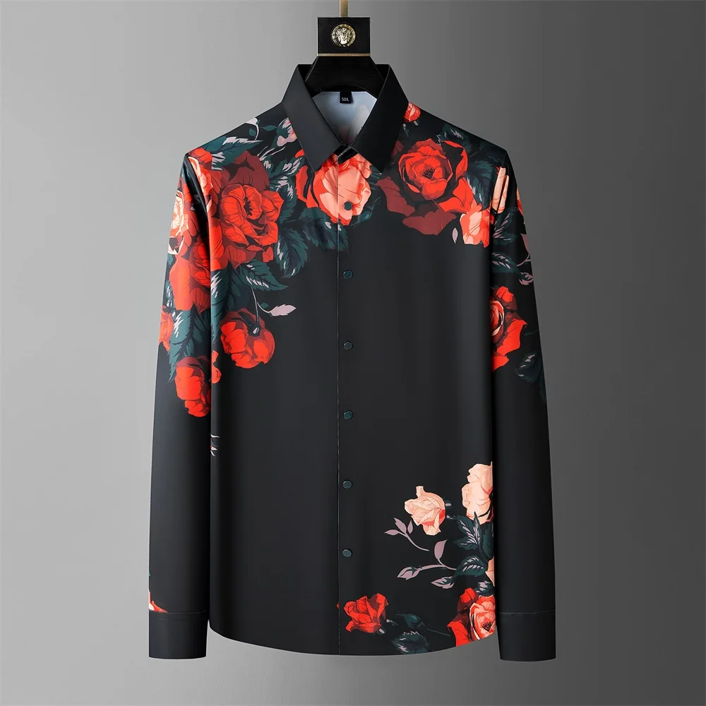 2024 Spring Flower Shirts Men Long Sleeve Casual Shirts Seamless Elastic Business Formal Dress Shirts Social Party Tuxedo Blouse