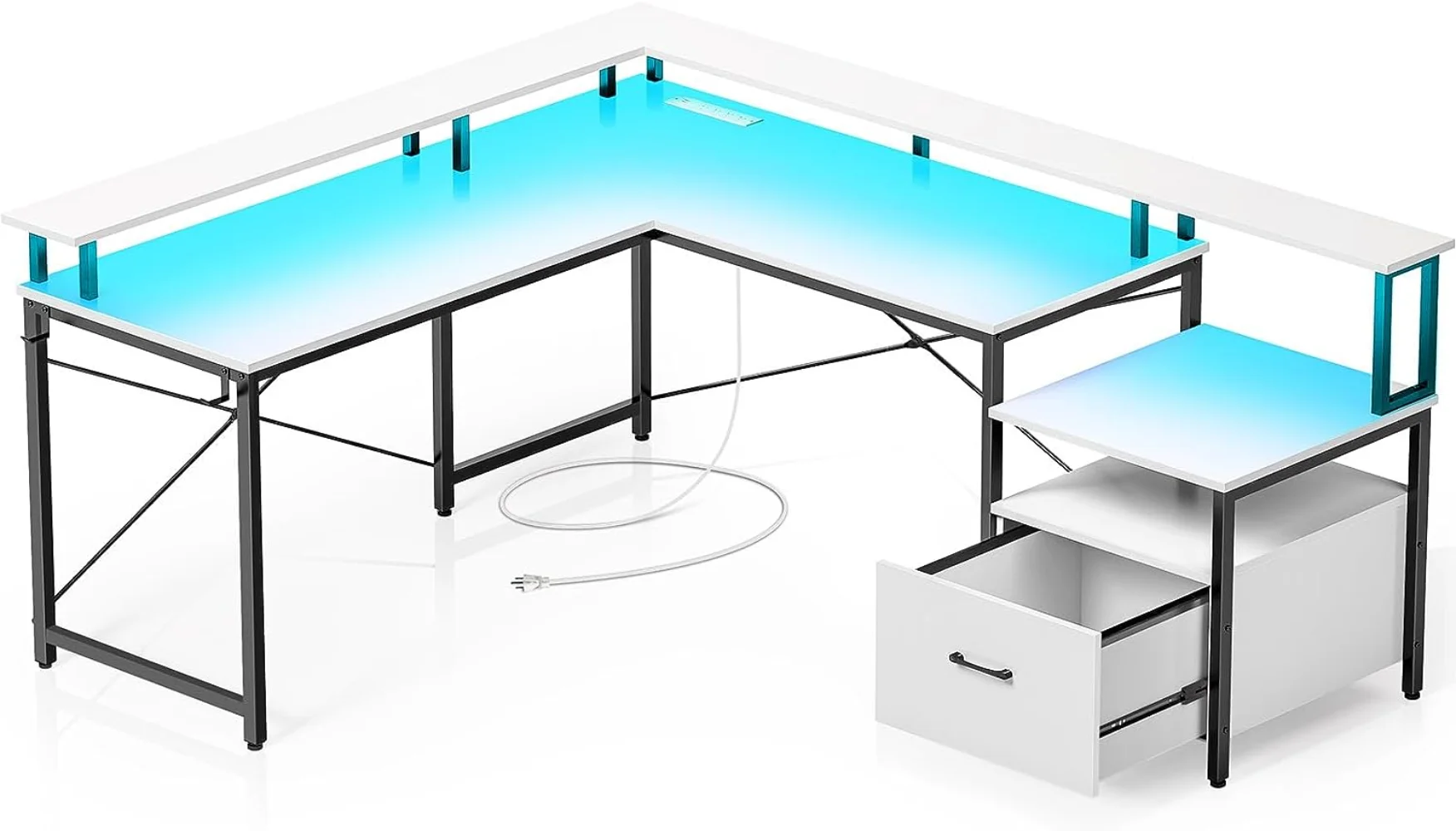 

Rolanstar Computer Desk with File Drawer, 68" L Shaped Desk with Power Outlet & LED Strip, L Shaped Computer Corner