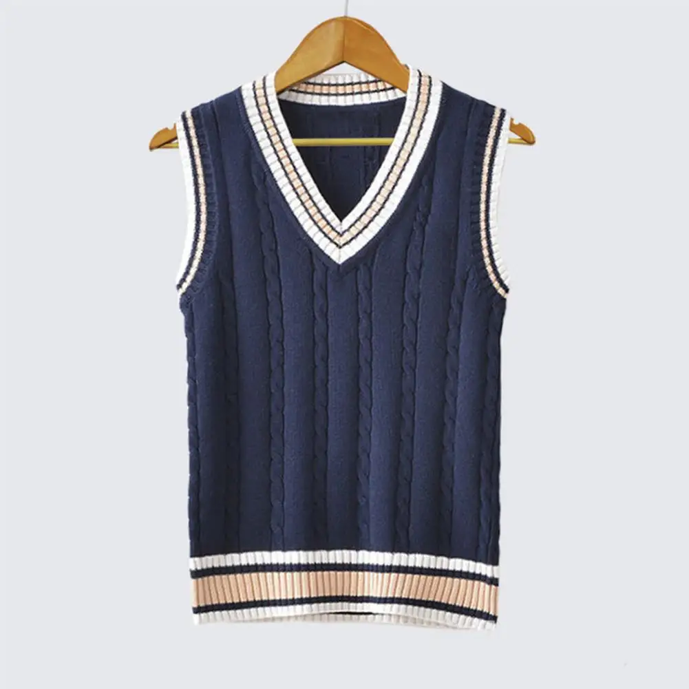 

College Style Knitting Waistcoat College Style Unisex V-neck Knitted Waistcoats with Twist Texture Striped Splicing for Autumn