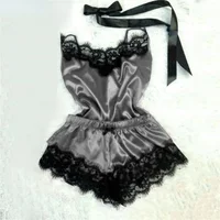 Ensemble pyjama en Satin et dentelle pour femmes, vêtements de nuit, col en v, extensible, Lingerie Sexy, bretelles, haut, short, vêtements de nuit 5