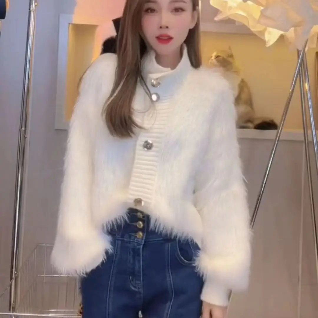 

Свитер с воротником-стойкой из искусственной норки, флиса, бархатной шерсти, свободные вязаные кардиганы, элегантная корейская модная трикотажная одежда, повседневное пальто T43