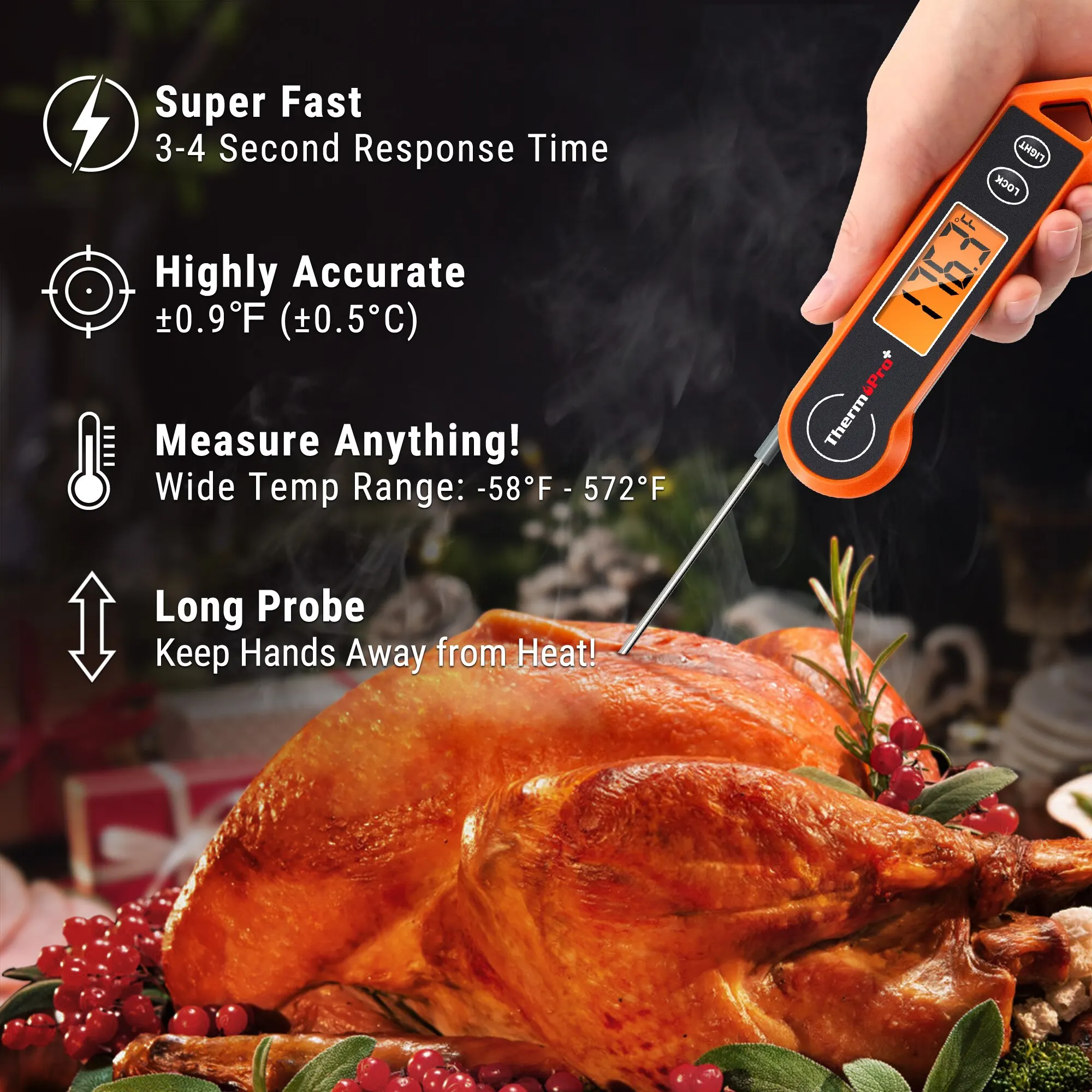 ThermoPro TP19H 디지털 LCD 화면, 즉석 독서 바비큐 고기 요리 온도계, 잠금 및 백라이트 기능