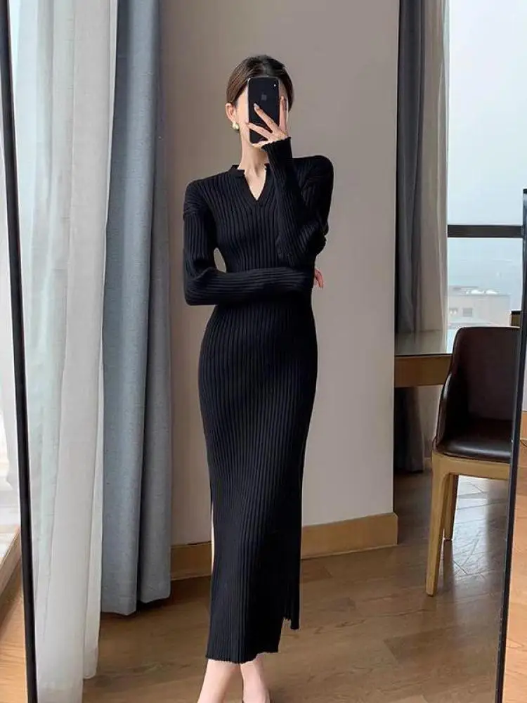 

Korean Style Elegant Women Knitted Dresses Spring Autumn V Neck Long Sleeve Slim Split Dress Casual Vintage Office Long Dress