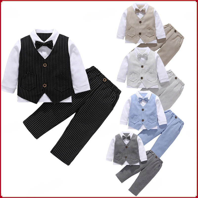 

Baby Clothes Set for Boys Stripe Suit 1-4Yrs Baptism Gentleman Birthday Party Wedding Two Fake Vests Shirt+pants+bow Tie Costume