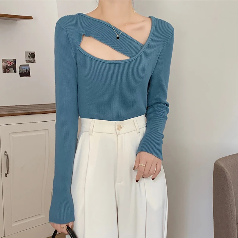 

Hollow Out Crop Knitted T Shirt For Women Autumn Clothes Tee Shirt Femme Korean Style Casual long sleeve T-Shirts Camiseta Mujer