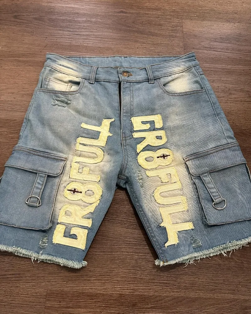 Y2K Harajuku Style Letter Patch Embroidery Baggy Denim Shorts Men Vintage Streetwear Hip Hop Pop Punk Casual Joker Shorts denim shorts