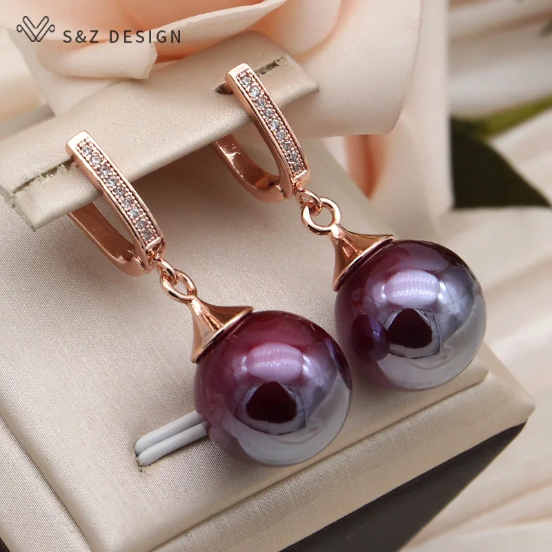 S&Z DESIGN New Fashion Elegant Wine Red Round Beads Dangle Earrings For Women Wedding Party 585 Rose Gold Color Jewelry Gift