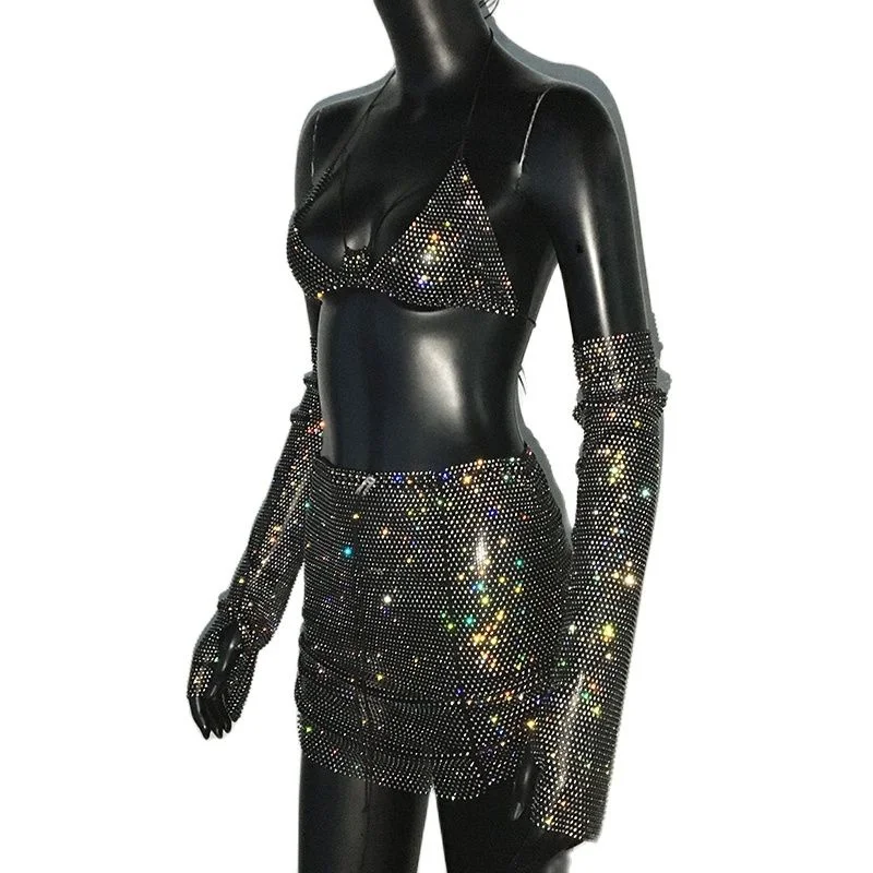 Glitter Rhinestone 3 PCS Set Women See Through Backless Crop Top With Party Mini Skirt And Shiny Sleeve Rave Festival Outfits 6