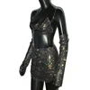 Glitter Rhinestone 3 PCS Set Women See Through Backless Crop Top With Party Mini Skirt And Shiny Sleeve Rave Festival Outfits 6