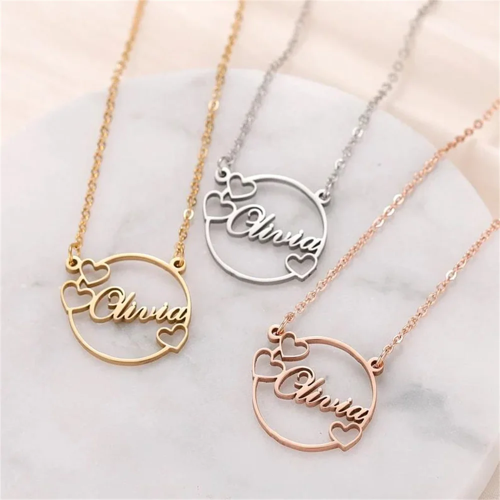 Customized Circle Name Necklace Personalized Round Nameplate Necklaces with Heart Geometric Jewelry For Women Christmas Gifts