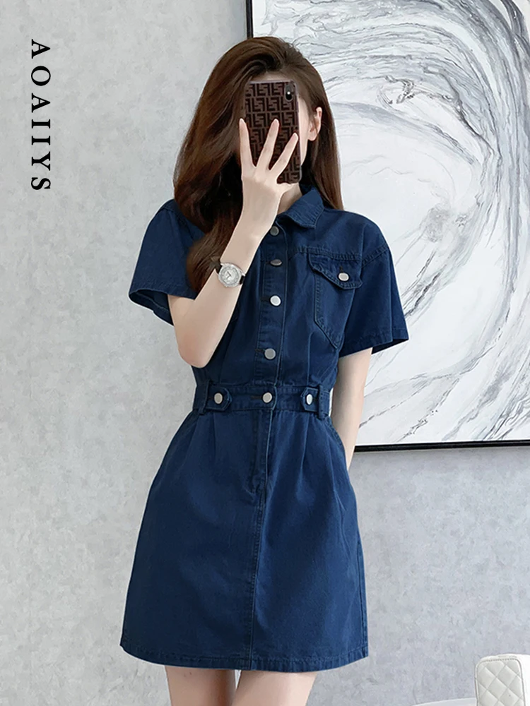 

Женские джинсовые платья Aoaiiys, новые однобортные платья-трапеции с коротким рукавом и отложным воротником в Корейском стиле, летние платья