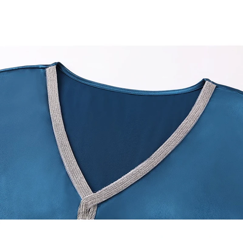 Women's Casual Loose Satin Blouse Short Sleeve Shirt Solid Fashion Tassel V-neck Office Lady Summer Clothes 15494