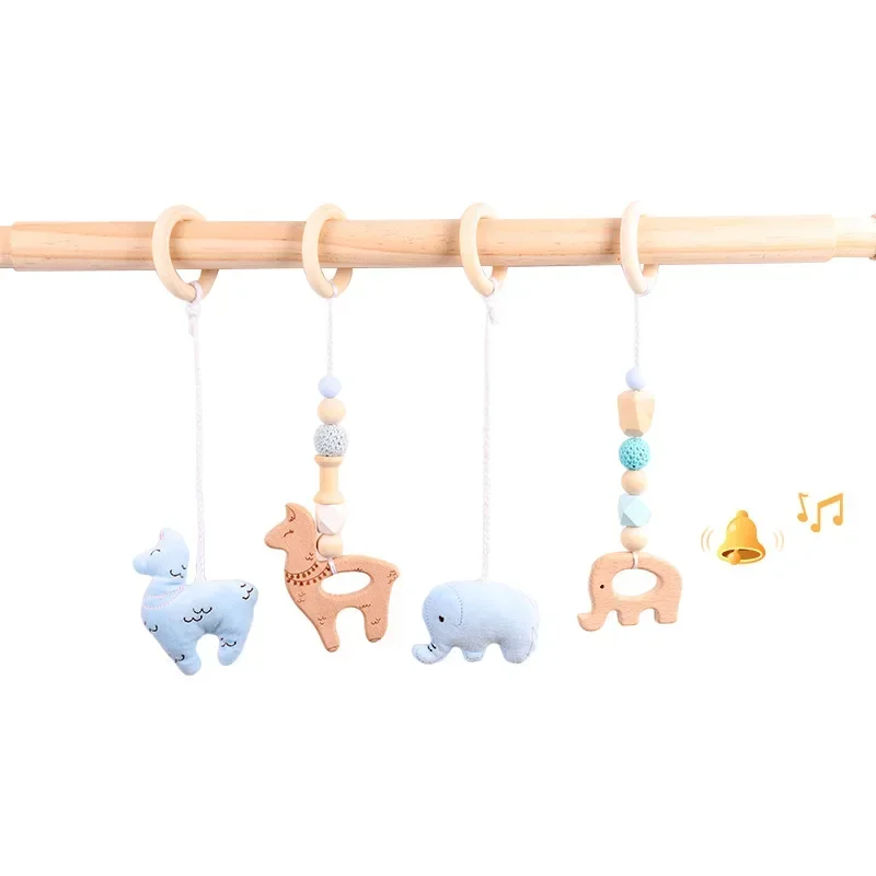 4Pcs/Set Baby Beech Hanging PendantsKnitting Doll Ring Teether Teething Nursing Rattle Toy for Stroller Gym Newborn Baby Shower