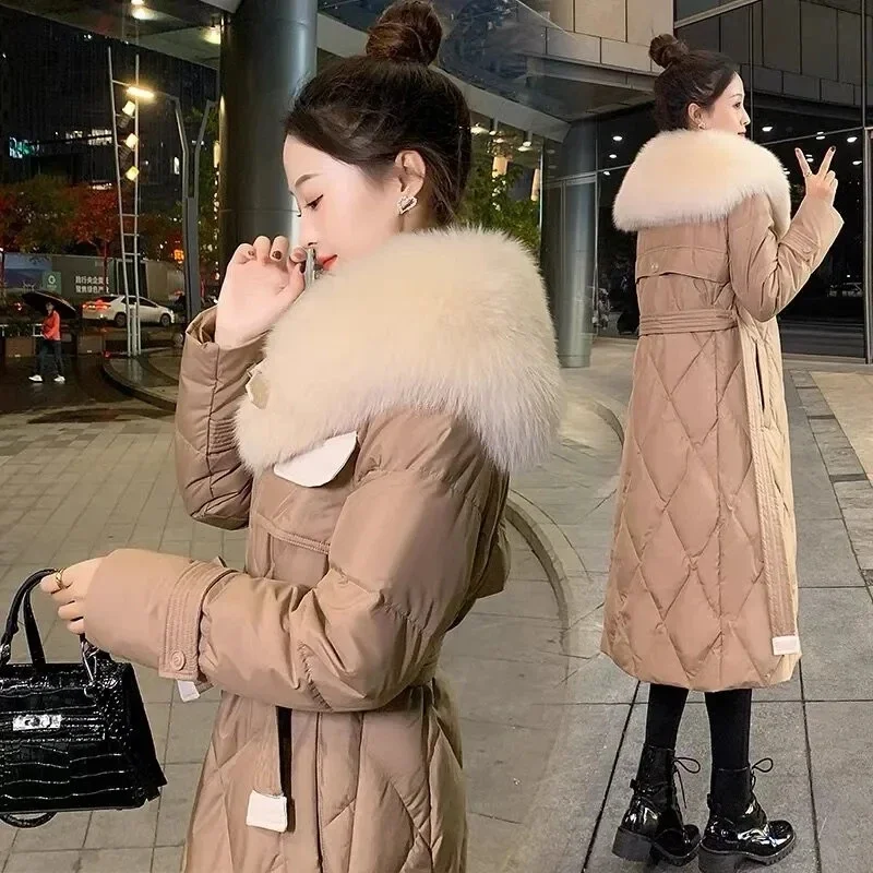 Cotton-padded Jacket Women With Big Fur Collar and Down Winter 2024 New High-quality Waist Long Knee-length Cotton-padded Coat